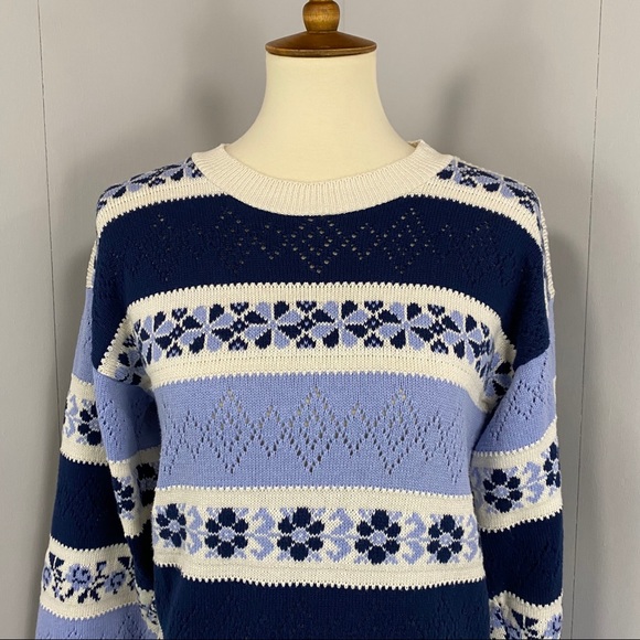 Vintage 90’s Fair Isle Striped Open-Knit Blue & Cream Sweater with Crew Neckline - Picture 6 of 12